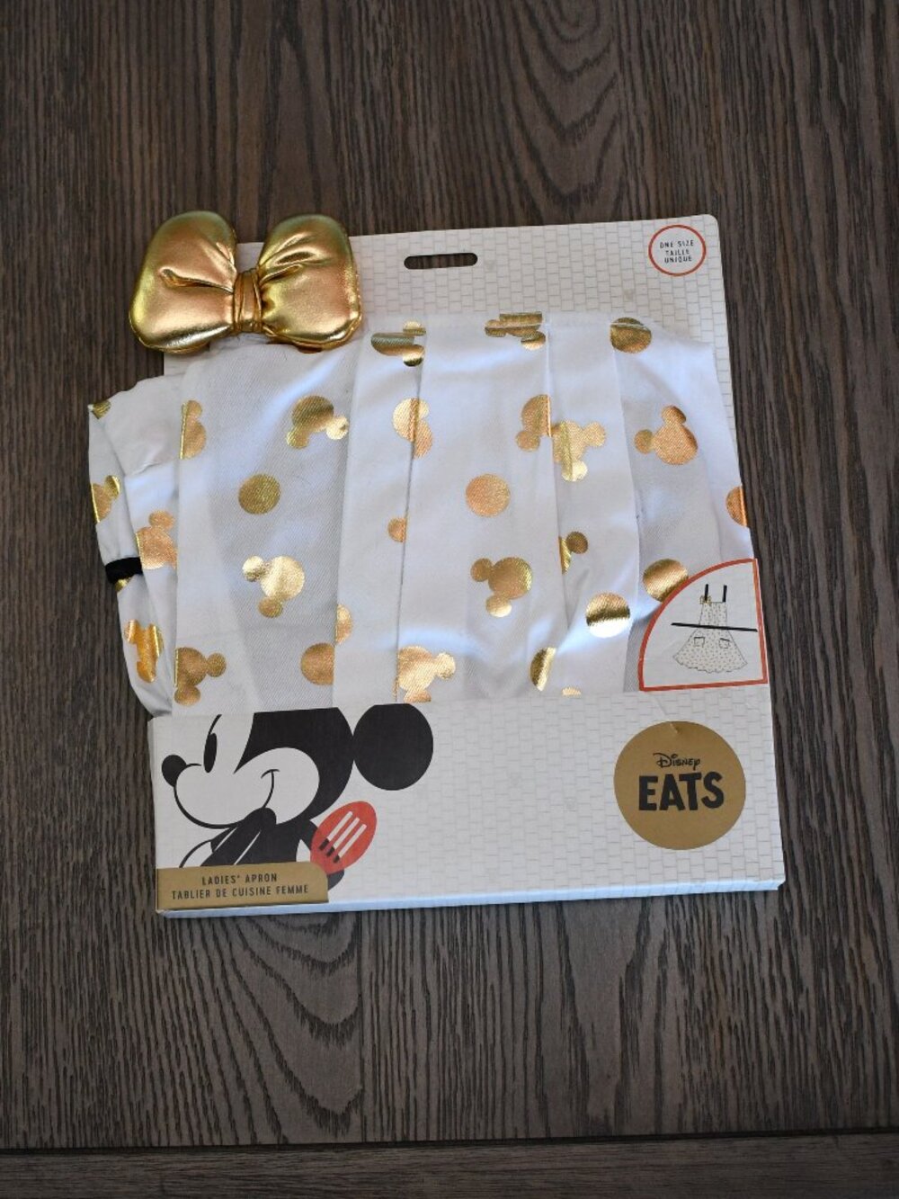 Disney Eats Ladies Gold Foil Minnie Mouse Print Apron with Bow One Size NEW